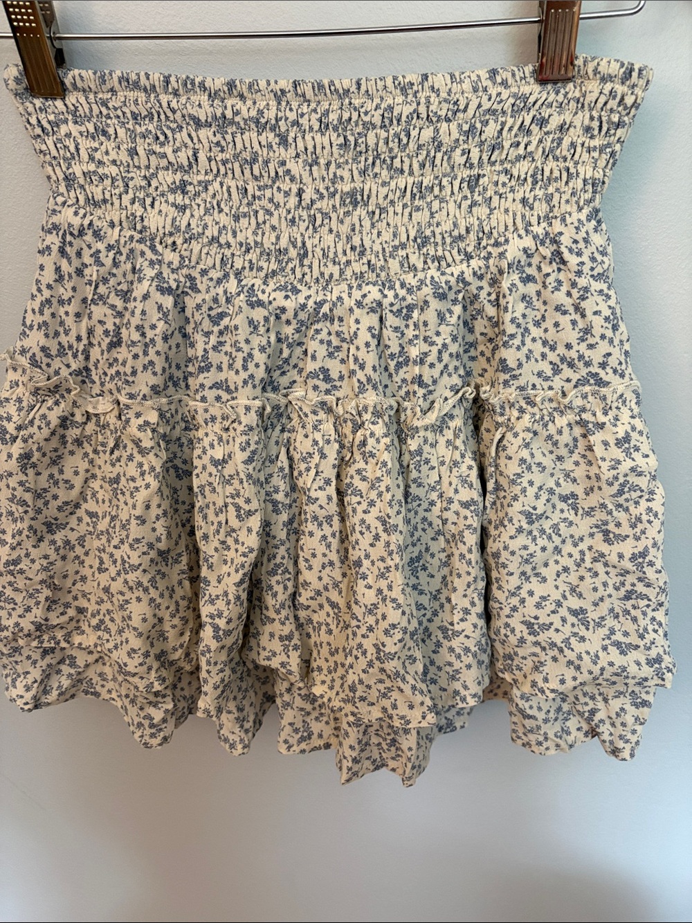 Smocked Tiered Mini Skort in Cream with Blue Floral